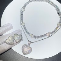 Iced Out Bling 5A CZ Sparking Fashion Women Jewelry Full Micro Paved CZ Puffy Heart Earring Necklace Set
