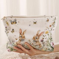 Rabbit pattern corduroy makeup bag, lightweight zipper storage box, multifunctional bag with lining, used for storing cosmetics