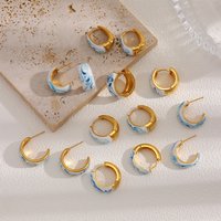 Trendy Blue White Enamel Flower C-shape Hoop Earrings 18K Stainless Steel Oil Drip Round Circle Ear Stud Party Women's Jewelry