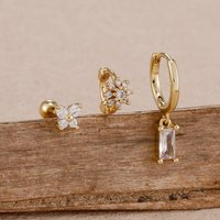 3PCS New 14K Gold Plated Zircon Flower Hoop Earrings Set 12 Constellation Earring Hypoallergen Cartilage Piercing Jewelry