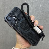 For Magsafe Magnetic Diamond Case For iPhone 17 16 15 14 13 12 11 Pro Max Plus Glitter Rhinestone Wrist Strap Cord Lanyard Cover