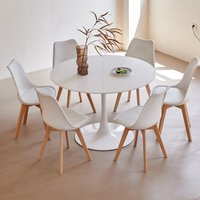 EGOONM 110 cm runder Esstisch und 6-teiliges Esszimmerstuhl-Set für Küche, Arbeitszimmer, Schreibtisch, Couchtisch, Esszimmer, Weiß/Schwarz