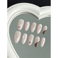 10 Pieces of Handmade Almond-Shaped Full-Cover Nail Tips, Pink-Brown Lace French Sweet Girl Style, Featuring Lace Bow and Polka Dot Designs, with French Curve Design and 3D Bow Craftsmanship, Suitable