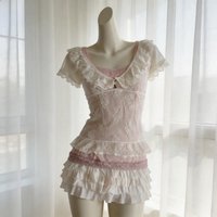 Vintage Style Cute Girl Sweet Lace Women's Matching Sets V-neck Short-sleeve Top + Pink Vest Undershirt + Mini Skirt Set 2026