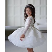 Sparkly White Girl Princess Dresses Puffy Flower Girl Dress Sequin Long-Sleeves Above Knee Child Kid Gown First Communion Dresse