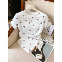 Ladies Spring Summer Casual Cherry Print Short Sleeve T-Shirt Asymmetrical Hem Base Shirt Bottoming Top