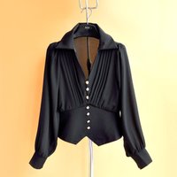 Luxury Black White Solid color Plain Shirts Women Button V neck Elegant Long sleeve Top Fashion Turn-down collar Basic Blouse