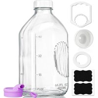 64oz 2L Glass Milk Bottles with Lids and Pourer Airtight Heavy Duty Reusable Glass Bottles, Leakproof Dishwasher Safe Jug, Pit
