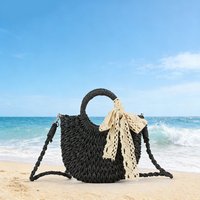 Fashionable Wicker Basket Bag Women's Single Shoulder Slant Cross Handmade Woven Grass Bag Casual Travel Style Small round Bag