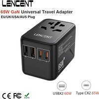 LENCENT 65W GaN Universal Travel Adapter with 2 USB Ports+ 2 Type C Fast Charging Power Adapter EU/UK/USA/AUS Plug for Travel