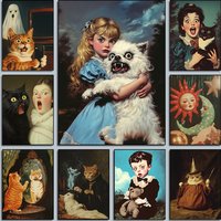 Whimsical Surreal Scary Animals Poster,Unframed Creepy Girl Holding Ugly Dog Prints Canvas Painting Wall Art for Home Room Decor