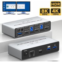 8K KVM Switch dual monitors 2 computers HDMI 2.1+DisplayPort 1.4 dual Monitor KVM Switcher for mouse,keyboard,USB devices sharin