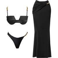 3Pcs Push Up Bikini 2026 New Swimsuit Women Sexy Swimwear Female Bandeau Biquini Solid Black Bathingsuit Swimming Suit Beachwear