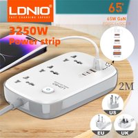 LDNIO Universal-Steckdosenleiste mit 65 W GaN USB-Ladegerät, 3250 W Verlängerungskabel, Netzwerkfilter, Überspannungsschutz, EU/US/UK-Steckdose