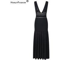 2026 Summer Lady Sexy Deep-V Neck Wear Sleeveless Waisted Hollow Out Fit and Flared Knitted Long Dress for Women
