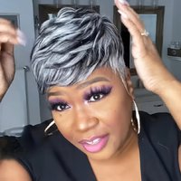 Short Pixie Cut Wigs Black Ombre White Synthetic Hair Wig with Bangs Heat Soft US