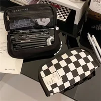 Large Capacity Pencil Case Black and White Checkerboard Grid Large High Value Storage Pencil Bag Student Canvas Stationery Box