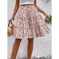Pleated Floral Women's Skirt Skin-friendly Breathable Cake Skirt Polyester Polyester Blend Summer Collection