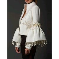 Vintage Elegant Stand Collar Jackets Women Spring Pearl Fringed Decor Embroidery Flared Sleeves Coat Party Evening Outerwears