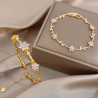 AENSOA Pink Flower White Cubic Zircon Filled Leaf Shape Bracelet For Women Men Charm Temperament Stainless Steel Unique Bangle