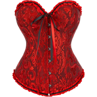 Women Gothic Floral Brocade Overbust Corset Sweetheart Ruffle Trim Lace Up Back Waist Cincher for Party Costume Shaper