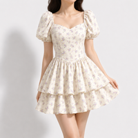 Women Floral Mini Dress Summer Square Neck Puff Sleeve A Line Tiered Ruffle French Vintage Vacation Party Dress