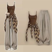 Women 2026 Spring Summer New Casual Tracksuit Matching Set Korean Elegant Plaid Long Sleeve Shirt+Strap+Loose Pants 3-Piece Suit
