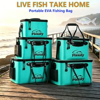 Ptessly Foldable Fishing Bucket, EVA Live Fish Container with Mesh Lid & Side Pocket for Outdoor Fishing