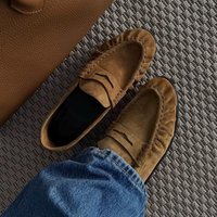 Cow Suede Slip-on Women Loafers Spring Autumn Round Toe Pleated Leather Daily Casual Brown Flats Shoes Shallow Footwear New