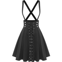 Plus Size Fashion Buttons Suspender Skirts Women Black Pleated Lace Up Basic Corset Flare Skirt Knee-Length Casual Skirt