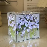 Tulip Mirror Cube Lamp Simulation Flower Bedroom Sleeping DIY Table Lamp Handmade Craft Tulips Mirror Night Light Birthday Gift