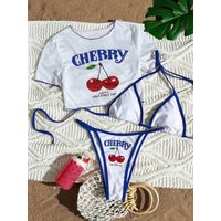 New Fashionable European and American Style Apron Three Piece Bikini Set Cherry Print Lace Up Swimsuit for Women Beach Swimsuit