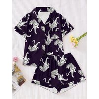 2-Piece Set of Standard Size Women's Four-Season Spring and Summer Pajama Set for Women, Casual and Fashionable Animal Print Sh