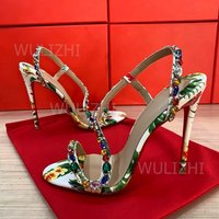 Ethnic Floral Print Colorful Graffiti Sandals Tropical Patent Slingback Jeweled Shoes Ankle Straps Stiletto Heels Beach Footwear