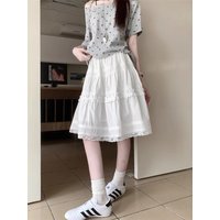 Ballet Style Half Skirt Women's New Lace Trim Cake Design High Waist A-Line Midi Skirt Breathable Skin-Friendly Inner Lined