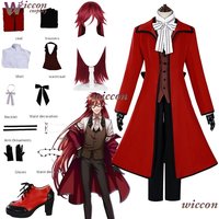 YesOk Blackr Butler Cosplay Grell Sutcliff Cosplay Costume Wig Grim Reaper Uniform Coat Shoes Halloween Scarlet Outfit