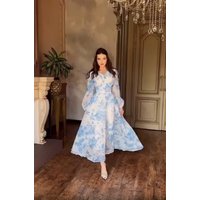 Long Dress Women Dresses A Line Vestidos V Neck Full Sleeve Floral Print Elegant Y2k Streetwear Tight Waist Work Casual Summer
