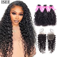 ISEE HAIR paquets brésiliens de vague d'eau avec fermeture 100% paquets de cheveux humains Remy avec fermeture 3 paquets de cheveux avec fermeture 4x4