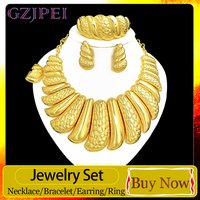 GZJPEI Italian Gold Plated Big Jewelry Sets Large Exaggeration Necklace Bracelet Earring Ring 4 Pcs/Set For Women Wedding Gifts