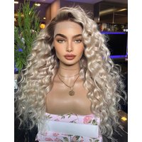 Deep wave Glueless Dark Roots Platinum Blonde Wig Synthetic Lace Front wig Soft Curly Wavy For Women Daily Cosplay Use