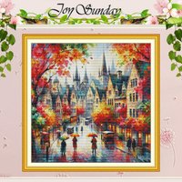 Rain Falls on the Autumn City Pattern Counted Cross Stitch Set 11CT 14CT 16CT Stamped DMC Cross-stitch Kit Embroidery Needlework