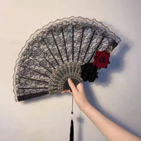Female Lace Hand Lolita Gothic Fan With Tassels Victorian Vintage Black White Bamboo Fans Cosplay Halloween Party Photo Prop