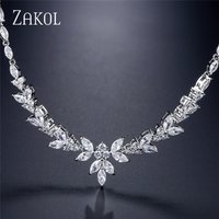 ZAKOL Luxury Exquisite Water Drop Cubic Zircon Leaf Chain Choker Necklaces for Women Fashion Bridal Wedding Party Jewelry NP5012