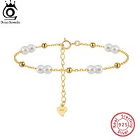 ORSA JEWELS 925 Sterling Silver Pearls Chain Bracelet Vinatge 14K Gold Pearl Beads Bracelet on Hand Female Party Jewelry GPB40