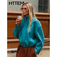 Streetwear Damen Kunstleder Kurze Jacke, Lose Passform, Blau, Stehkragen, Langarm, Reißverschluss, Taschen, PU-Fahrradjacke, Herbst 2026 Damen-Oberbekleidung