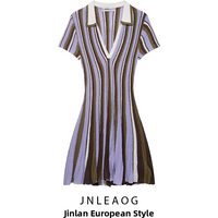 JNLEAOG Spring New Women's Fashion Stripe Collar Dress High Waist Polyester Fiber Short Sleeve Slim Fit City Commute