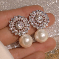 Gorgeous Flower Imitation Pearl Earrings Women Luxury Inlaid Sparkling CZ Stone Fashion Wedding Party Jewelry Gifts