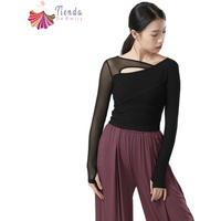 Women Modern Dance Tee Top Spliced Mesh Long Thumb Finger Sleeve Blouse Stage Outfits Practice Clothes Stretchy Chic Casual Wear