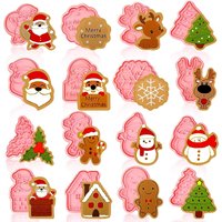 16 PCSChristmas Cookie Molds Christmas Dough Stamps Plastic 3D Cartoon Pressable Cookie Molds DIY Candy Baking Pastry Decoration