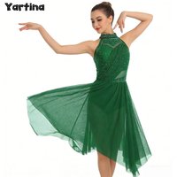 Womens Ballet Lyrical Dance Costumes Halter Glittery Rhinestone Irregular Mesh Ruffled Skirt Hem Built-In Briefs Dance Dress